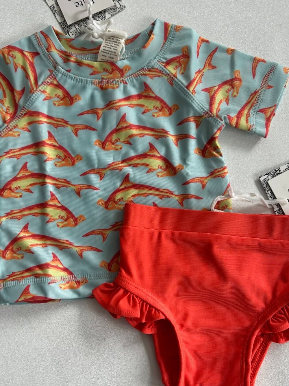 NWT Kate Quinn Shark Rash Guard & Ruffle Swim Suit Set 3-6M UPF 50+